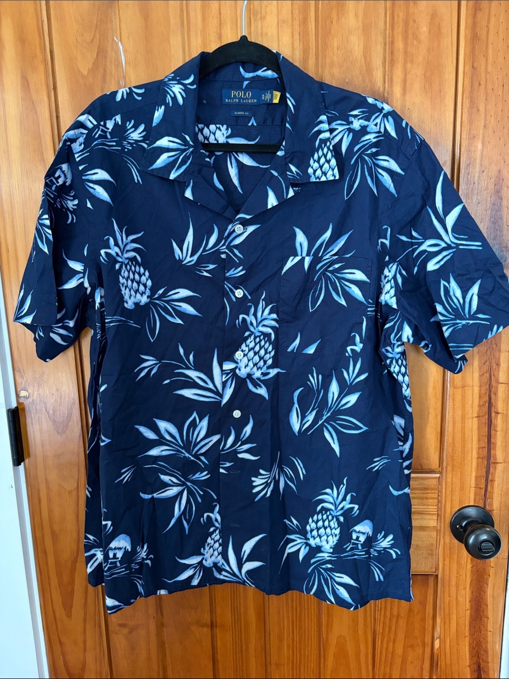 Polo by Ralph Lauren Blue White Pineapple Tropical Hawaiian Print Camp Shirt XL